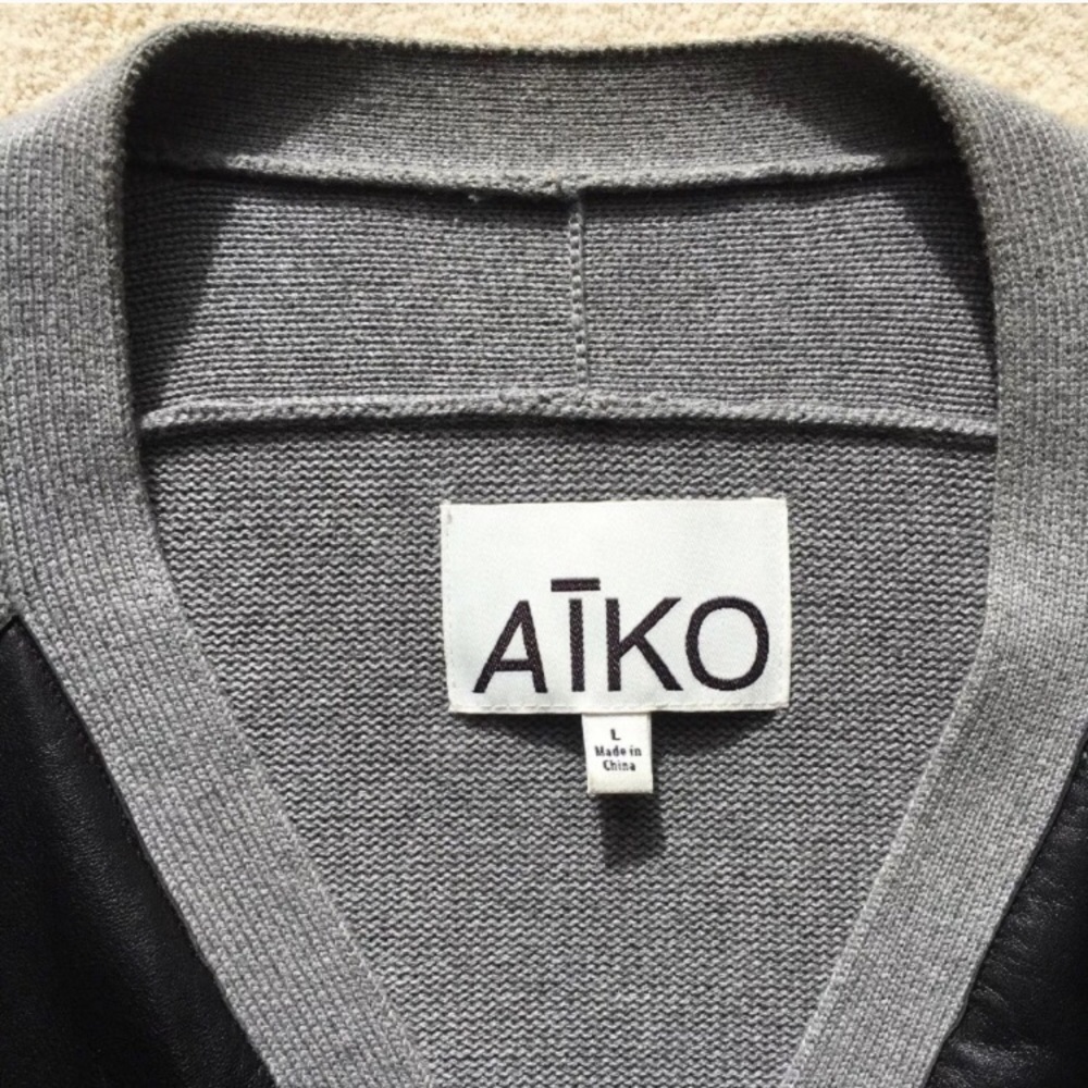 Aiko Grey Cashmere Leather Paneled Cardigan, Sz L - Picture 2 of 7